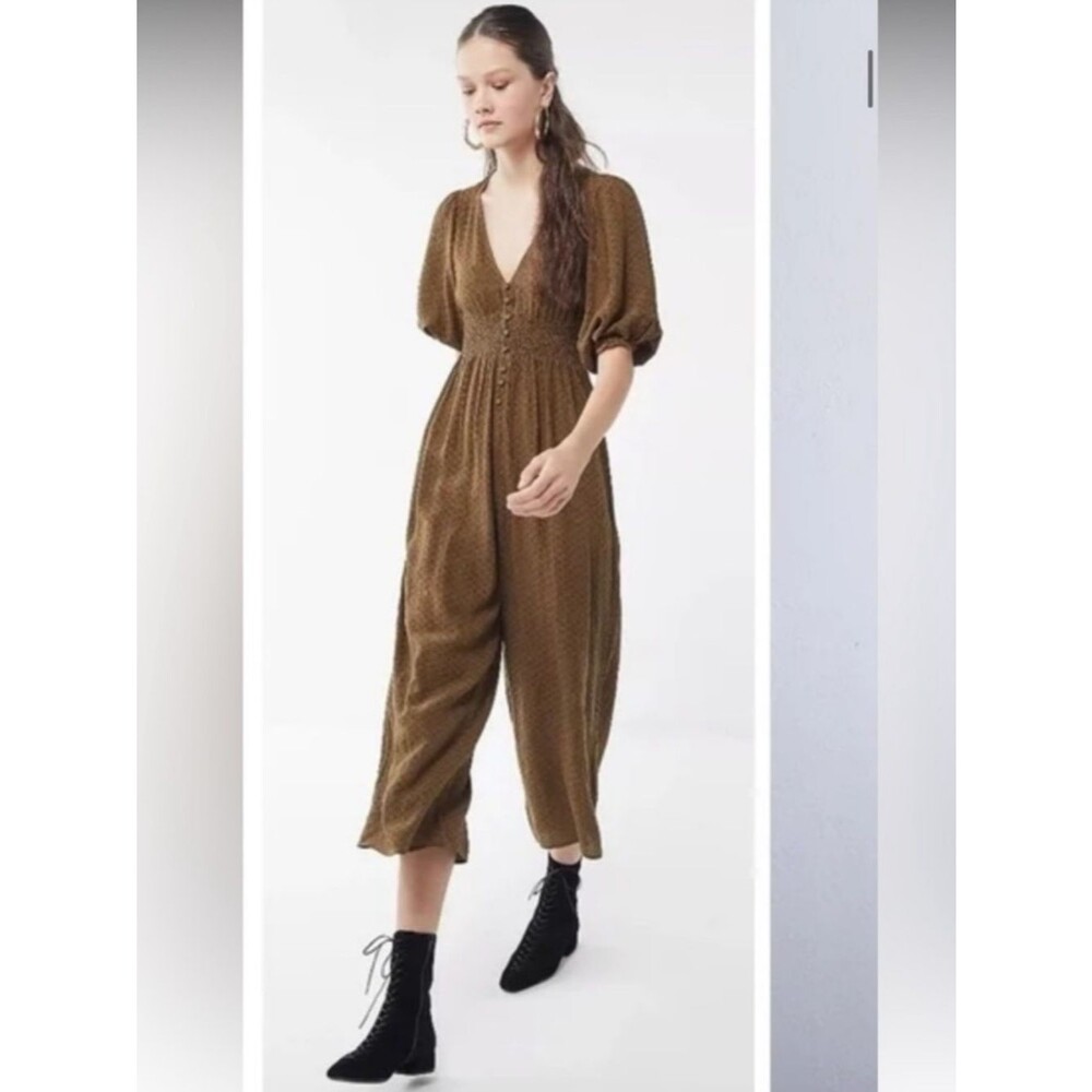 Urban Outfitters Jumpsuit Zimi Plunging Puff Sleeve Brown Size Medium